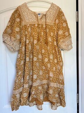 Old Navy Boho Floral Mini Dress XL Tassel Tie Tiered Brown NWT